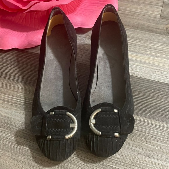 STUART WEITZMAN Womens Sz 7.5M Black Suede Wedge Heel Shoes Silver Buckle - Picture 2 of 15